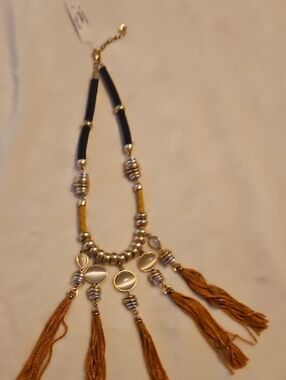 Lucky Brand Gold-Tone Beaded Necklace with Rust Tassels
